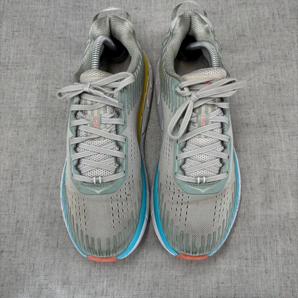 Hoka One One Clifton 5 Gray Yellow Blue Running Shoes Sneakers Women's Size 10.5